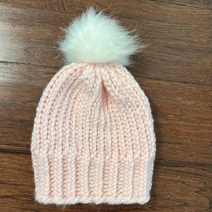 Beautiful Pink Handmade Knit Hat w/White Faux Fur PomPom